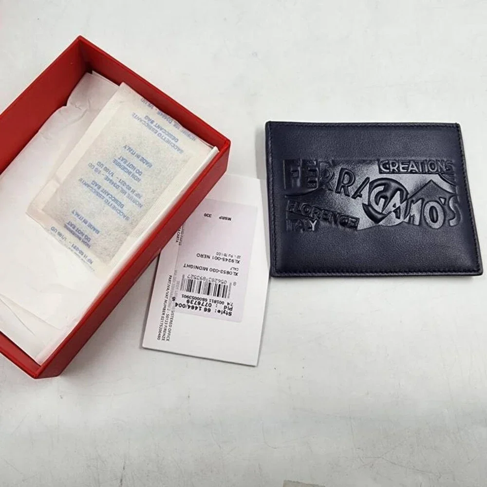 Ferragamo Leather Venna Logo Card Case Men's Midnight Open Top